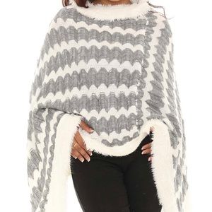 White & Grey Cowl NeckPoncho sweater